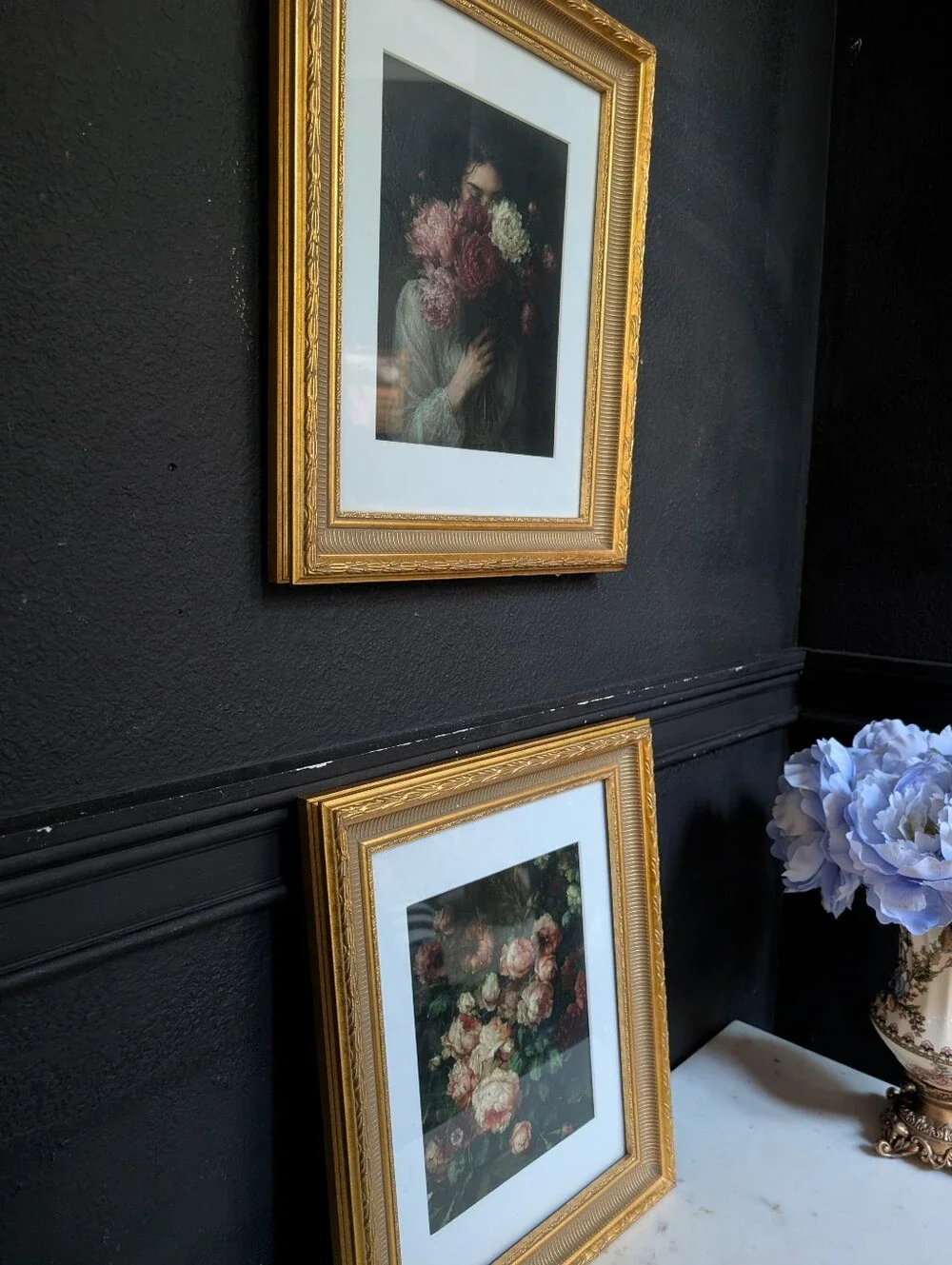Vintage, set of 2, Gold Ornate Wood Resin Matted Frame w/ vintage style Prints